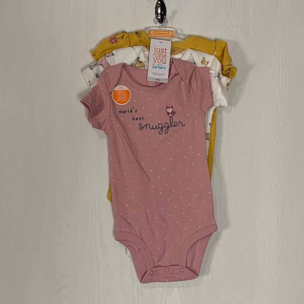 Carter's Pink, White, and Yellow Bodysuit Trio Size 9 months Cozy